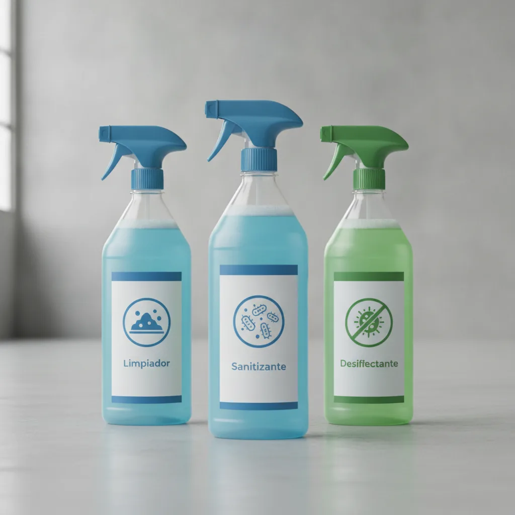 Ilustración de tres botellas de productos de limpieza etiquetadas como Limpiador, Sanitizante y Desinfectante, con iconos de suciedad y bacterias.